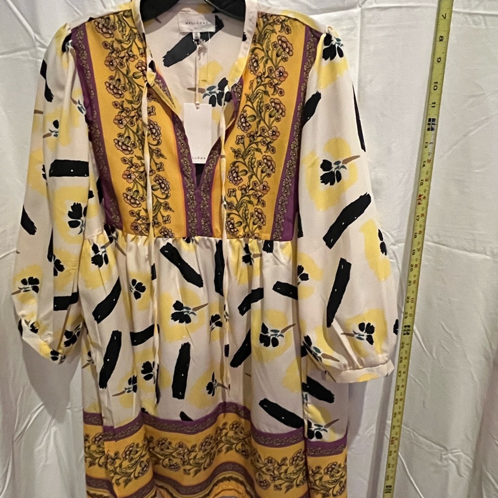 MELLODAY Yellow and Black Patterned Long Sleeve tunic blouse